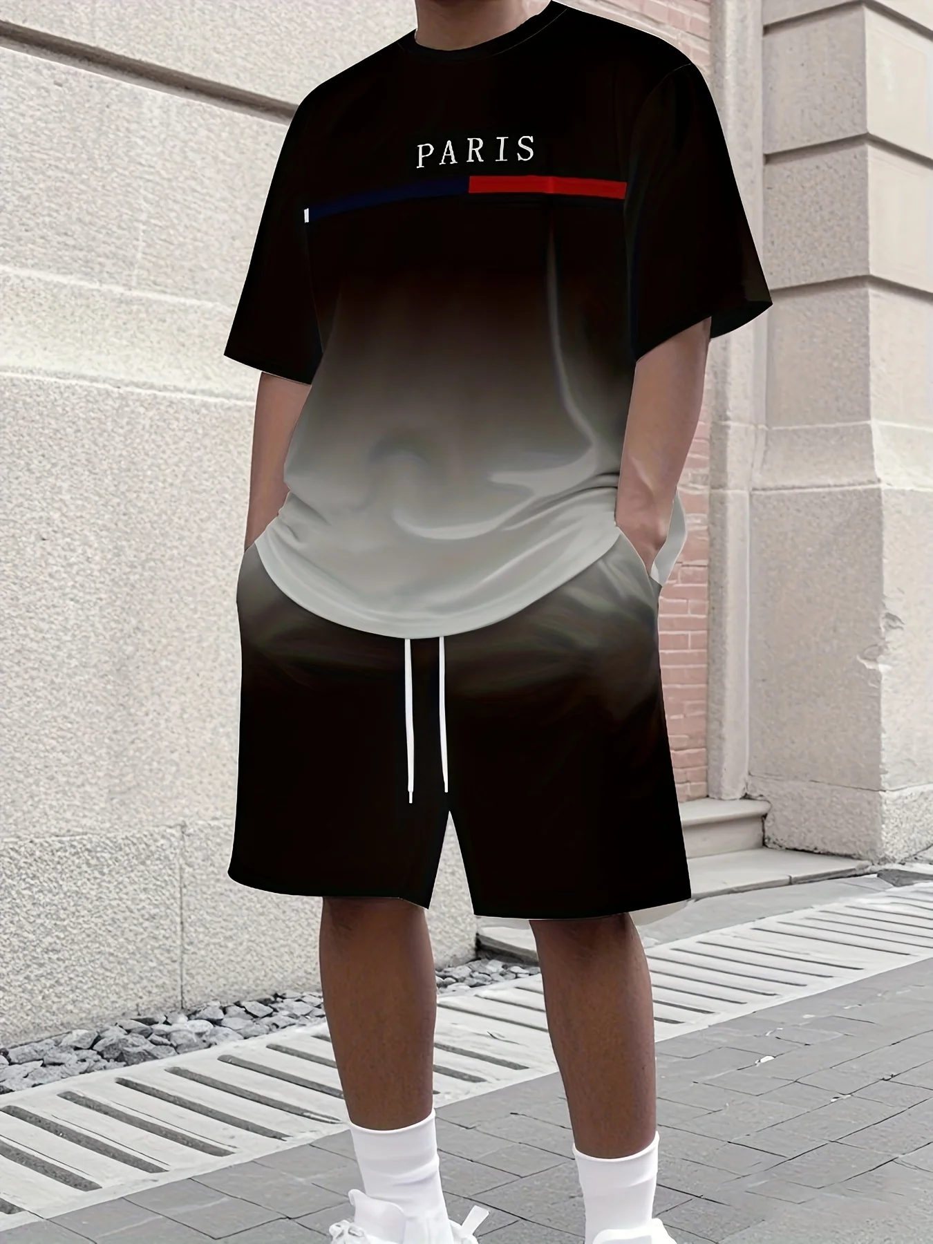 Męski zestaw: T-shirt z nadrukiem liter i szorty, oversize, luźny krój, krótki rękaw, odzież męska na letnie wakacje, 2025