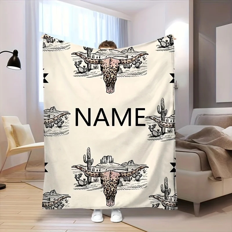 Personalized name Western Skull and horned cow pattern blanket,desert South western style decoration,camping greenhouse gift