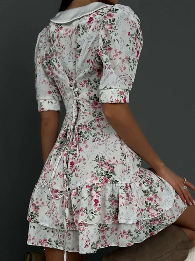 Tossy Printed Ruffled V-Neck Mini Dress Female Short Sleeve Fashion Slim High Waist Elegant Party Dress Women\'s Summer Dress New