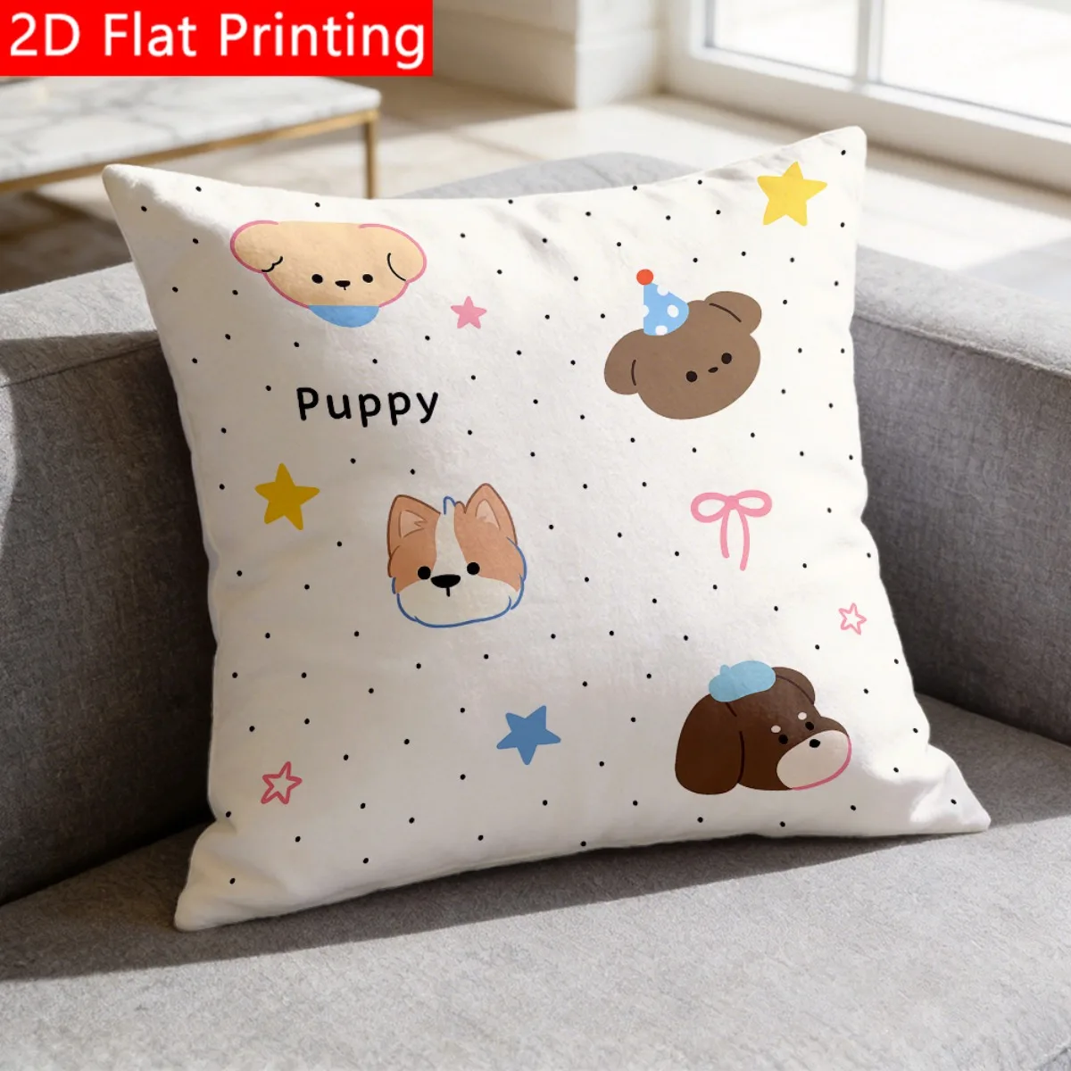 2D Flat - 1pc 2D Flat Throw Pillow Cover with Cute Puppy Faces Stars Polka Dot Pattern Print Polyester Soft, Durable And Easy to Care Cushion Cover Without Pillow Inserts Perfect for Living Room And Bedroom A Wonderful Housewarming Gift
