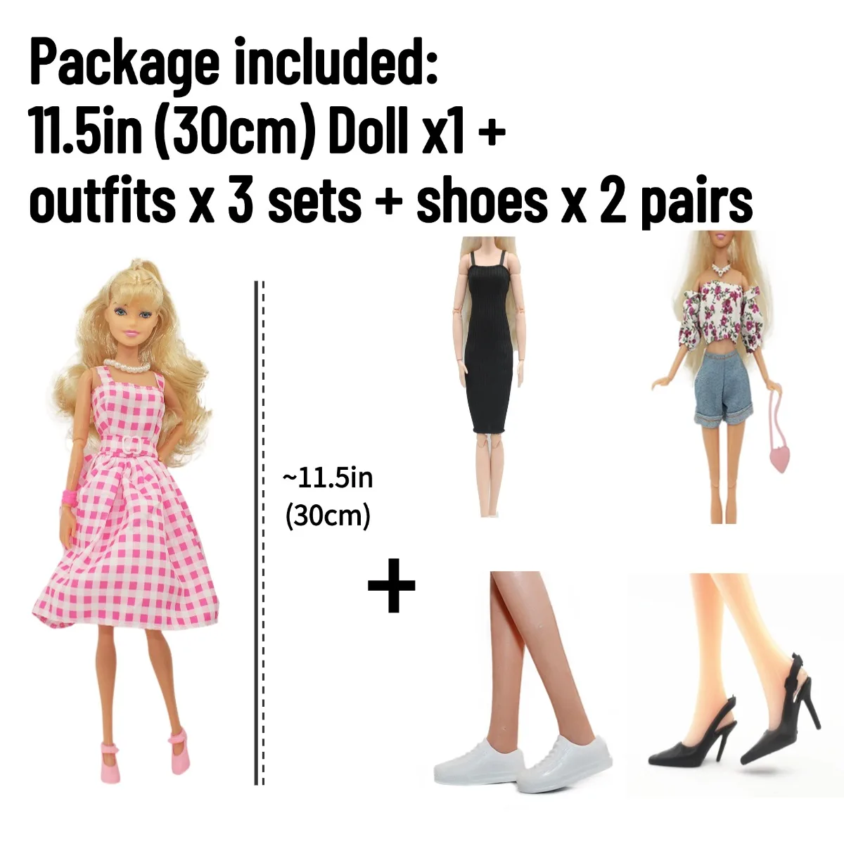 BJD Doll 11.5in 30cm with Outfits x3 sets and Shoes x 2 pairs - Movable Figure Model DIY Best Girl Gift Child Toys