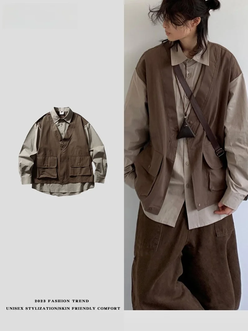 

Retro Japanese Sle Patchwork Work irt Casual ex ort Sve Cotton Polyester Blend Fake Two-Piece Vest Couple Outerwear