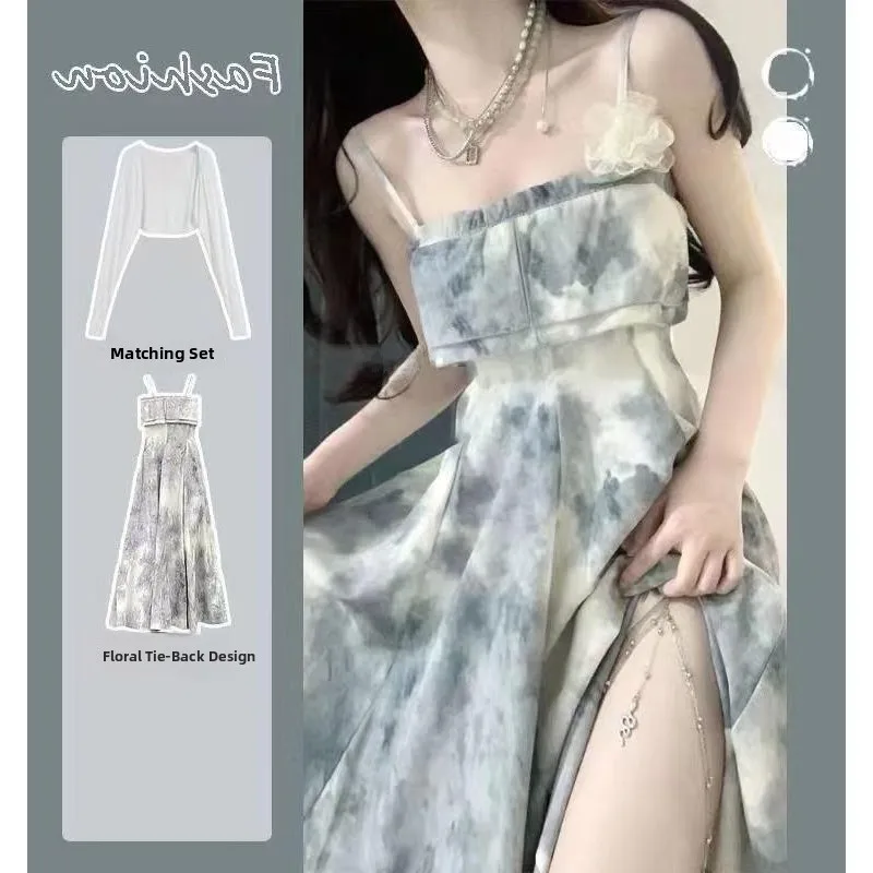 

Retro Watercolor Painting Halter Dress Women's Summer Tea Break One-Shoulder High Waist Elegant Sweet Long Dress