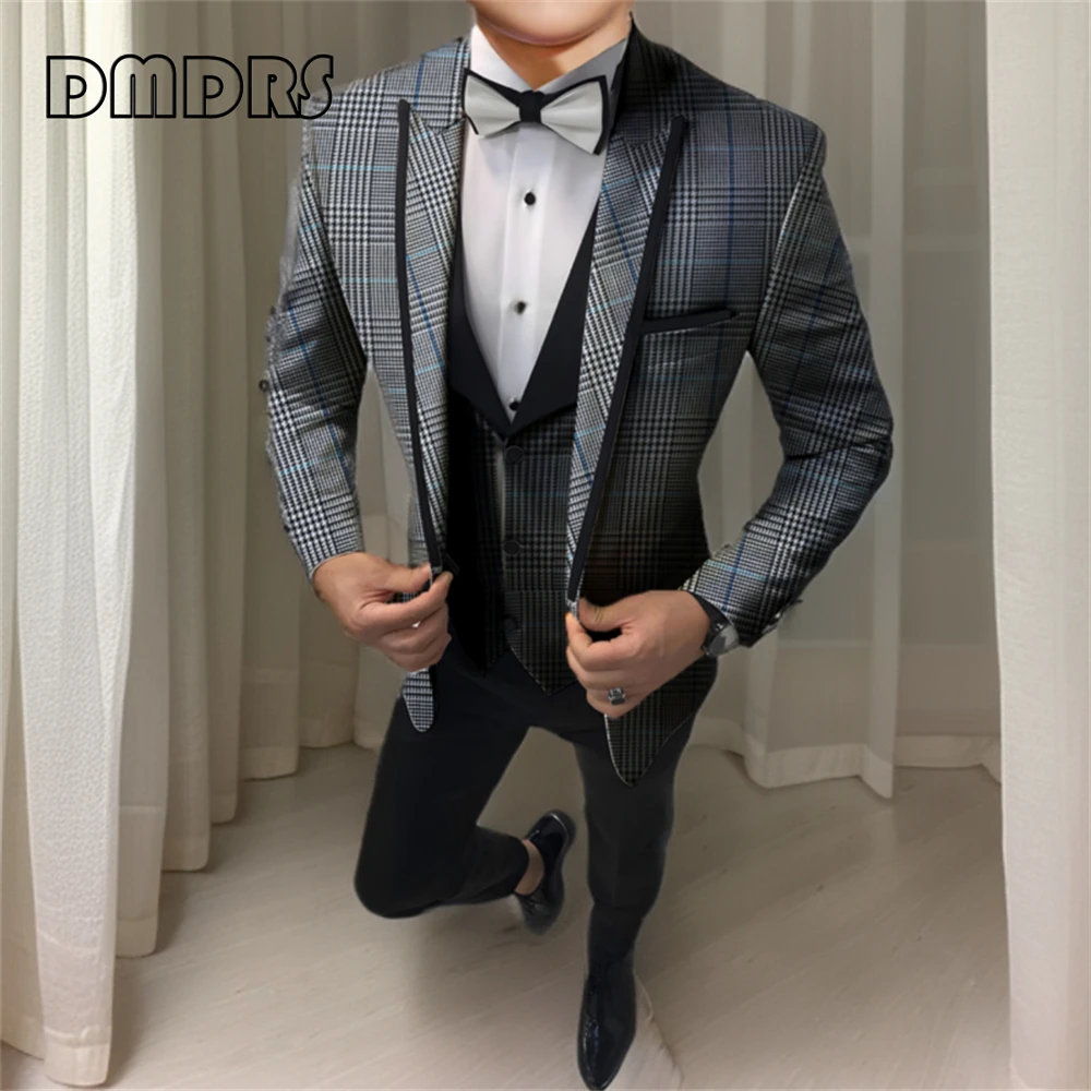 

Classy Checkered Men Suit Set Business Formal Suits Jacket Pants Vest For Men Dinner Handsome Vintage Tuxedo