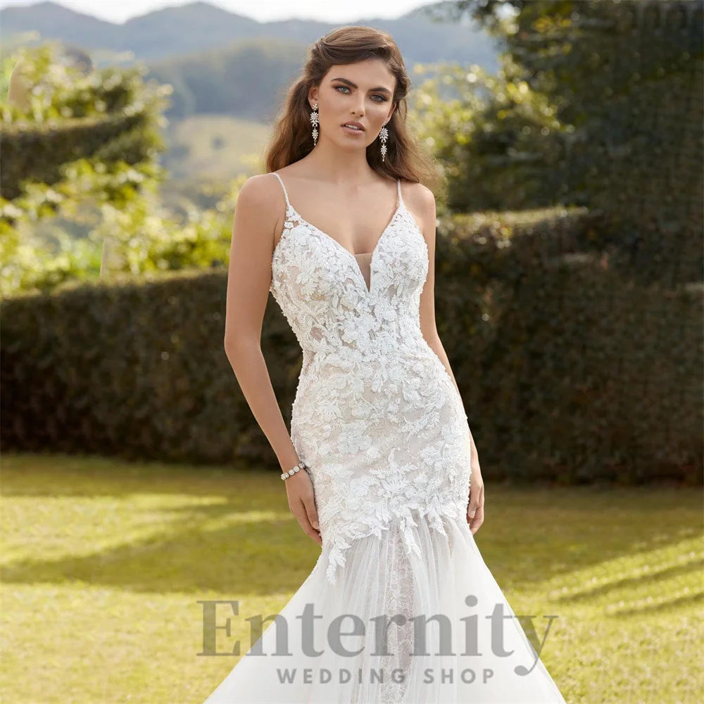 Vestido De novia con tirantes finos y apliques De encaje personalizado, vestido De novia sin mangas con cuello en V y espalda descubierta, Vestidos De Novi 2024