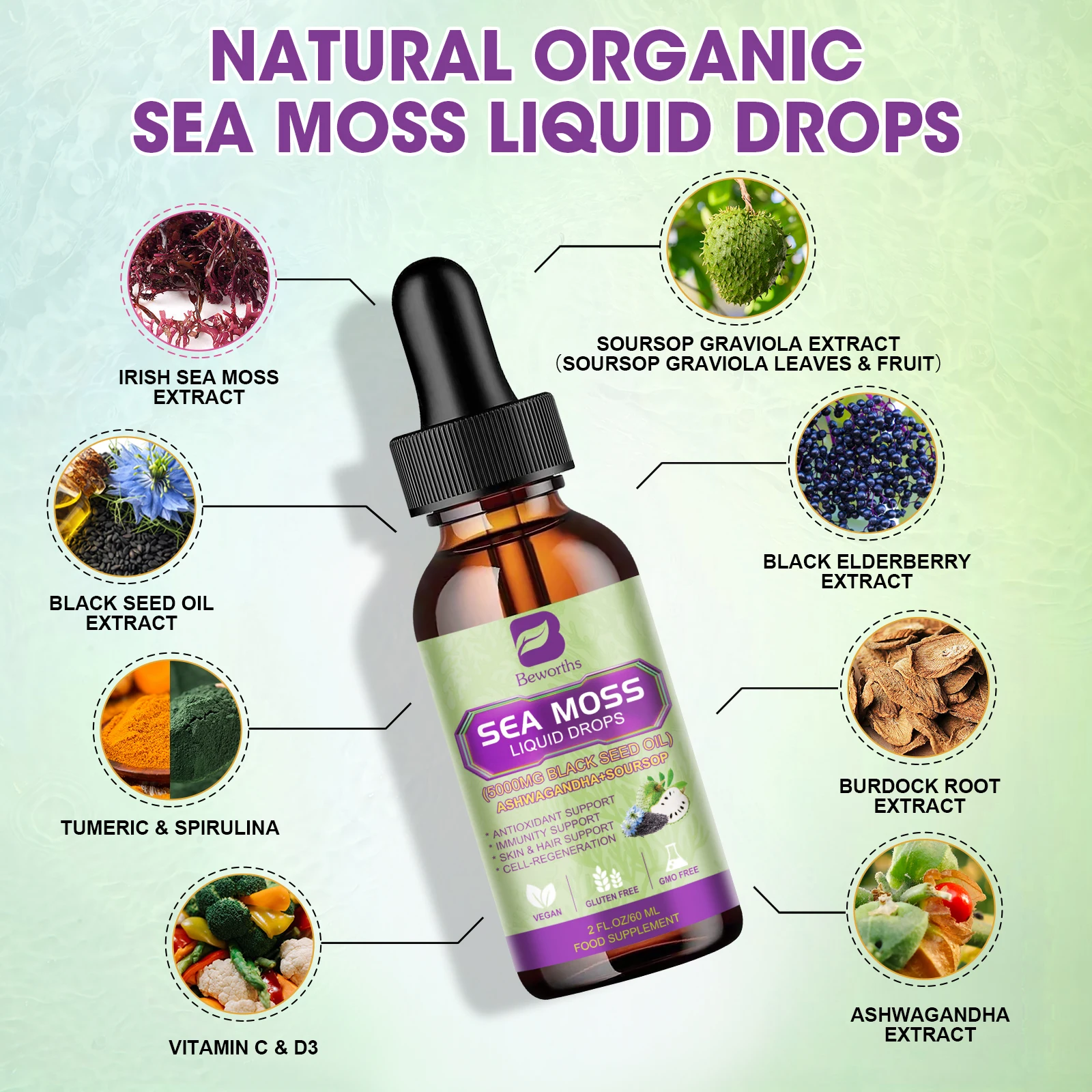 COMPORTES-Graviola Extract Drops, Sea MOSS e Graviola, Suporte Imunidade e Saúde Renal, Promover a Digestão e Antioxidação