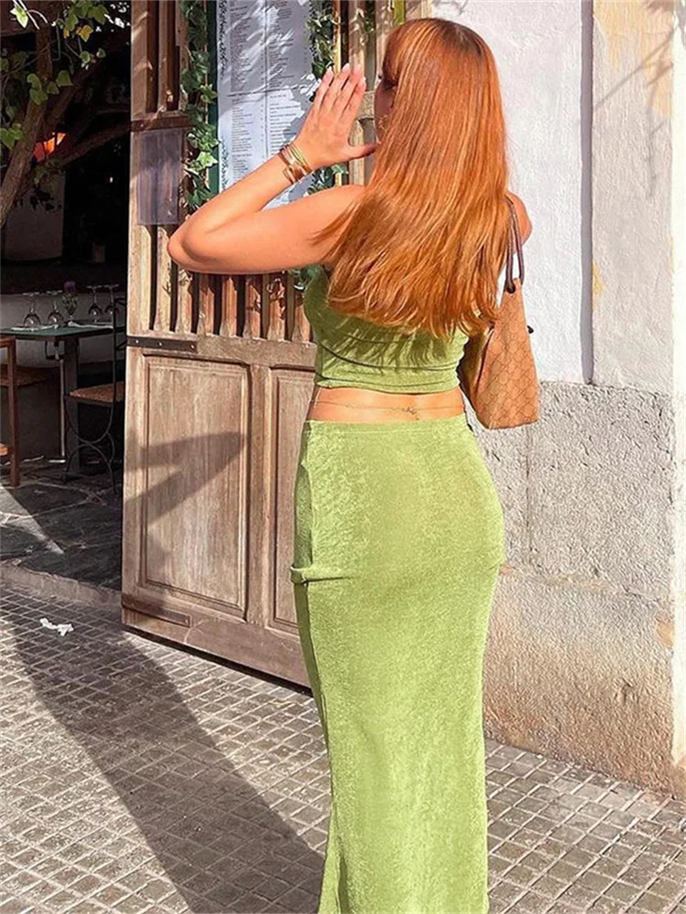 Y2k 끈 없는 크롭탑 미디 바디콘 스커트 세트 여성용, 섹시한 스트리트웨어 하라주쿠 패션 여름 의상