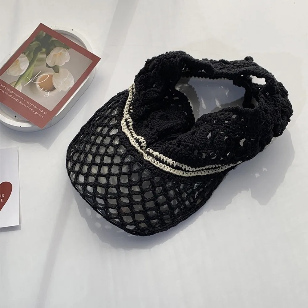 

Casual Sunscreen Crochet Empty Top Cap Sunshade Soft Hollow Out Visor Hat Foldable Knitted Drawstring Hat Girls