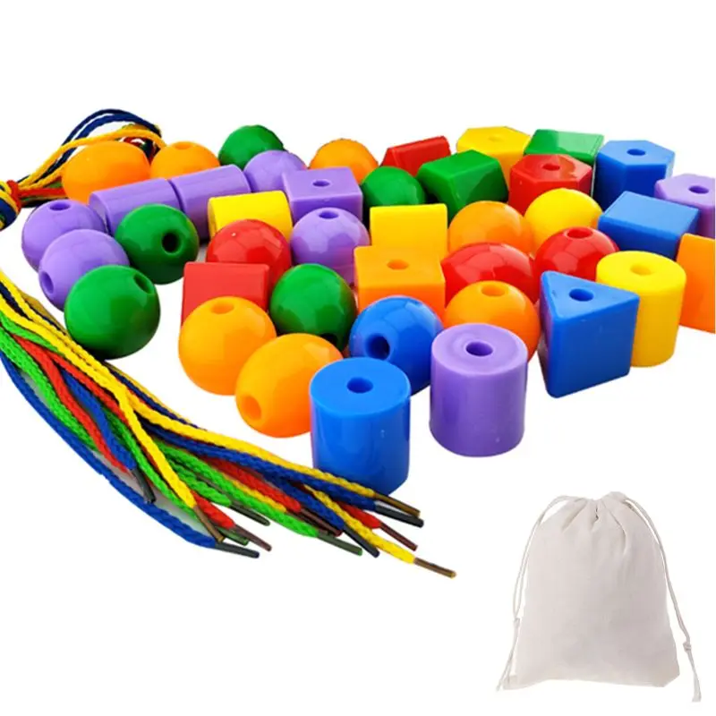 

Rainbow Lacing Beads Toy Playset with 50 Colorful String Beads 4 String Rope Stimulation Toy for Kindergarten Travel Set