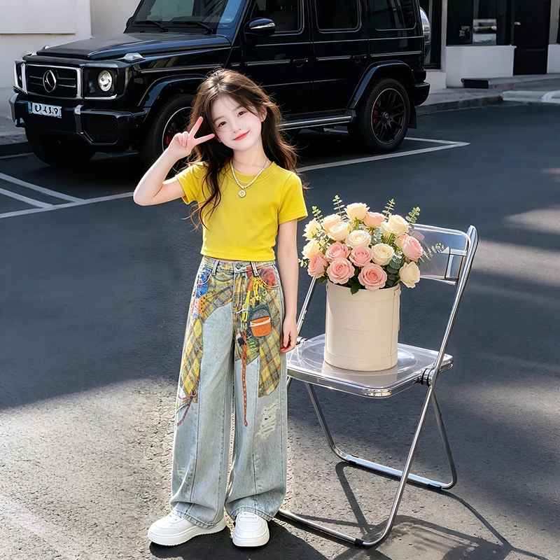 Girls Summer 2Pcs Outfit Set Crop Top+Printed Wide Leg Denim Pants Korean Streetwear Casual Kids Clothes 5-14Y