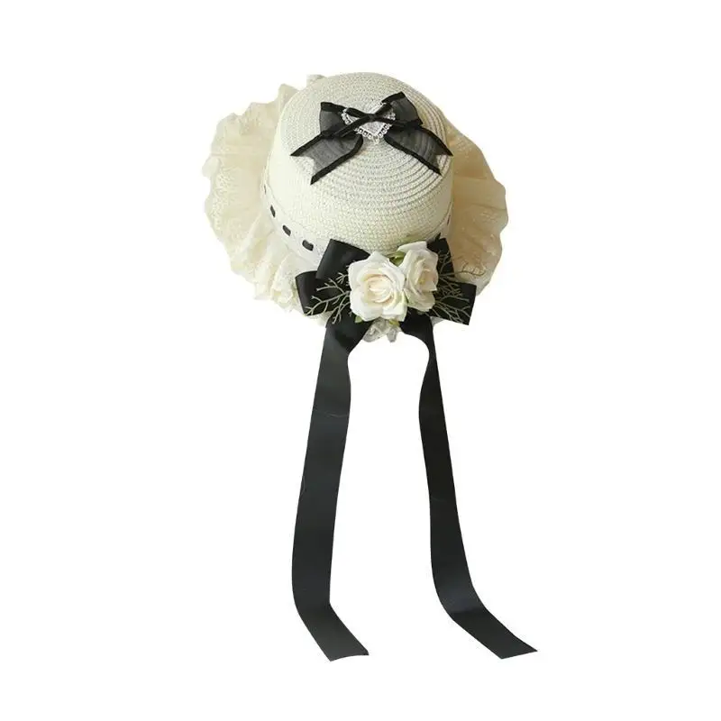 652F قبعة Hepburn الغربية مع White Rose Bowknot شاي شاي الدانتيل