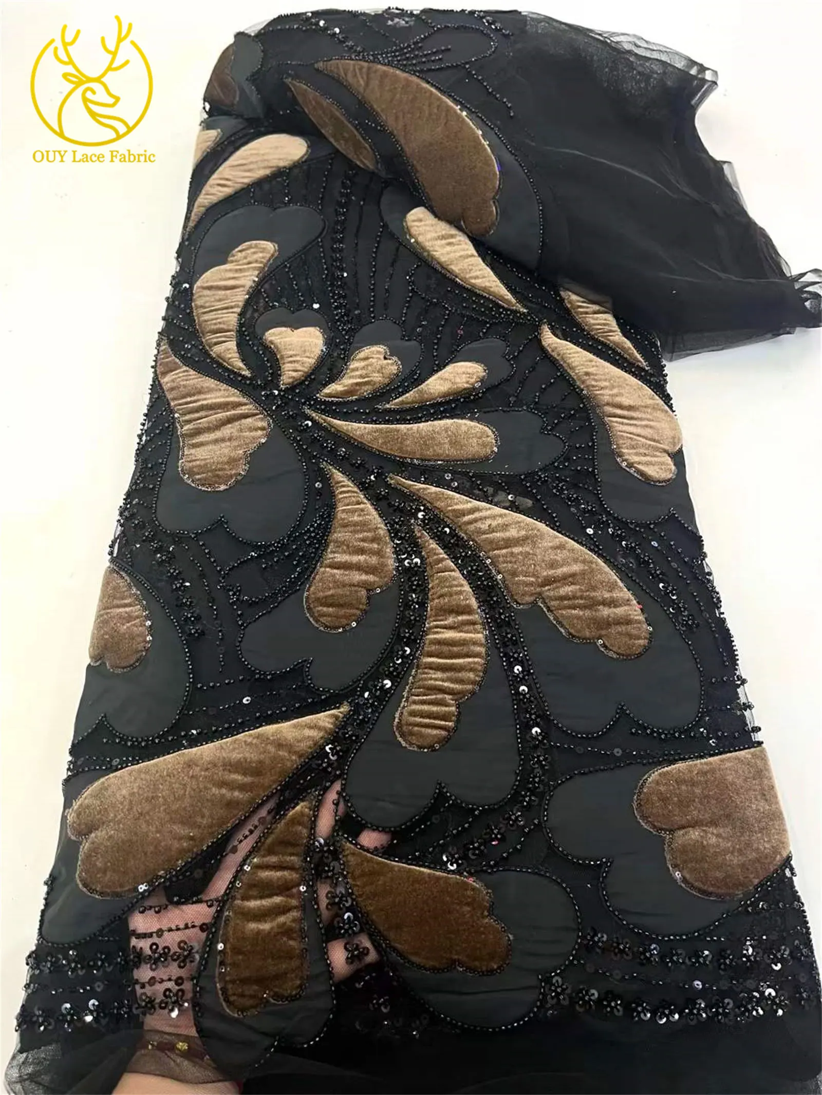 2025年最新 エレガントなアフリカのビーズ付きコットンレース生地 5ヤード フランス ナイジェリア スパンコールレース生地 パーティー イブニングドレス 縫製