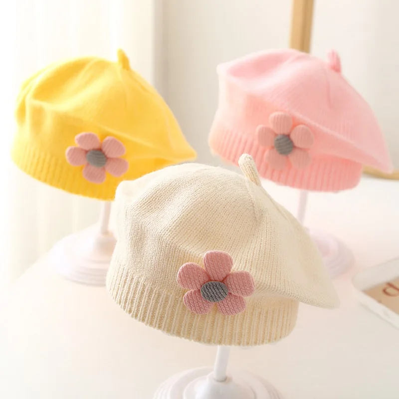 0-4Y Baby Hat Autumn and Winter Baby Girl Cute Flower Beret Fashion Children's Wool Hats Girl Knitted Hat