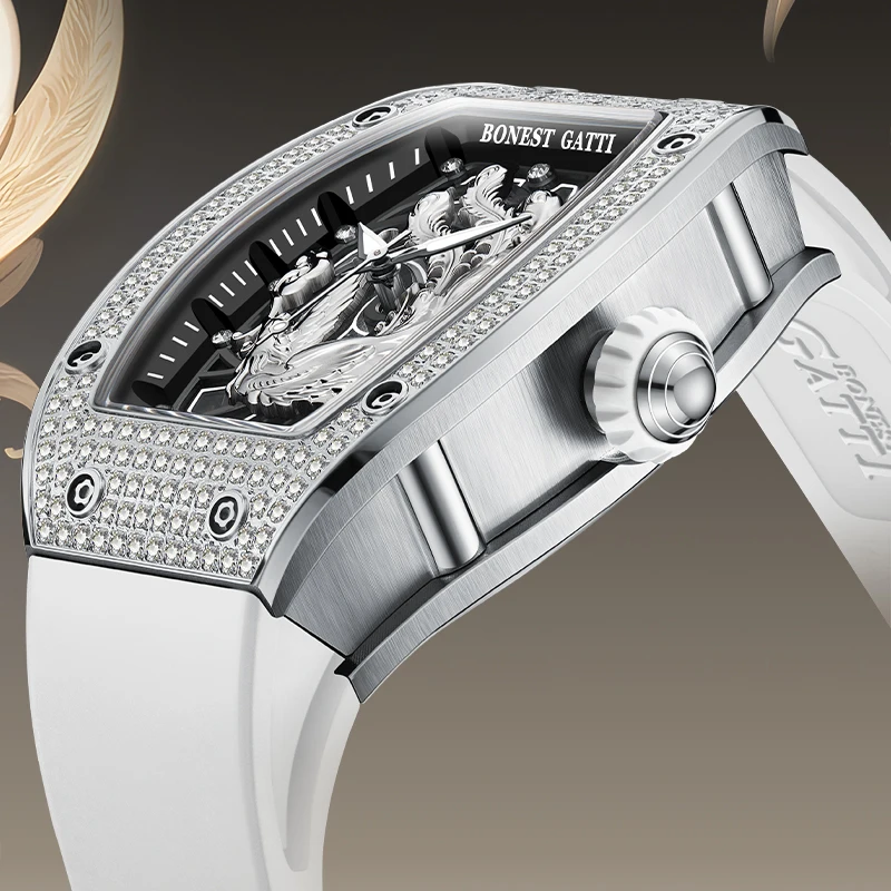 BONEST GATTI Phoenix Cry Series Automatic Mechanical Watch | German Brand New Model Diamond-Inlaid Case Skeleton Dial Wristwatch