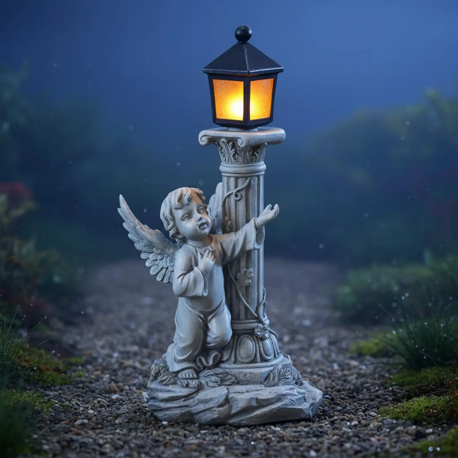 Roman Pillar Angel Statue Weather Resistant Garden Angel Lantern Solar Garden Ornament for Patio view 2