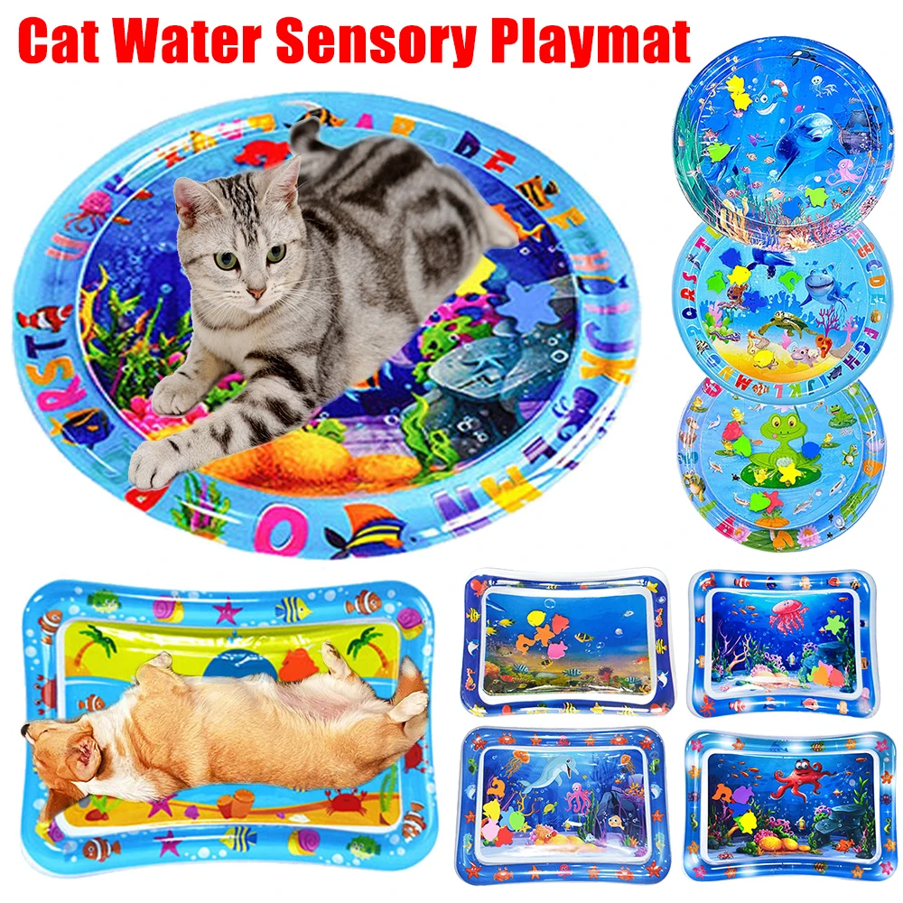 Tapete sensorial de agua para mascotas, colchoneta inflable gruesa para juegos de gatos y perros con tema de océano de peces, cama de agua para gatos