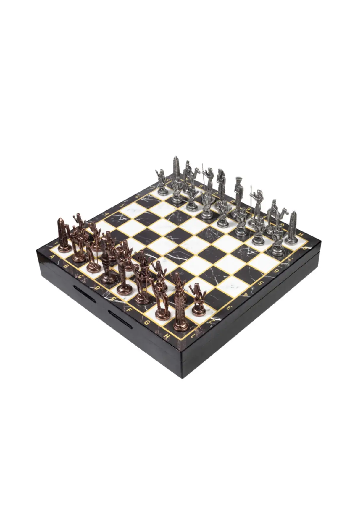 Luxury Metal Chess Set Egyptian Army Bronze Chrome Plated & Marble Patterned Storage Chest 37 X 37