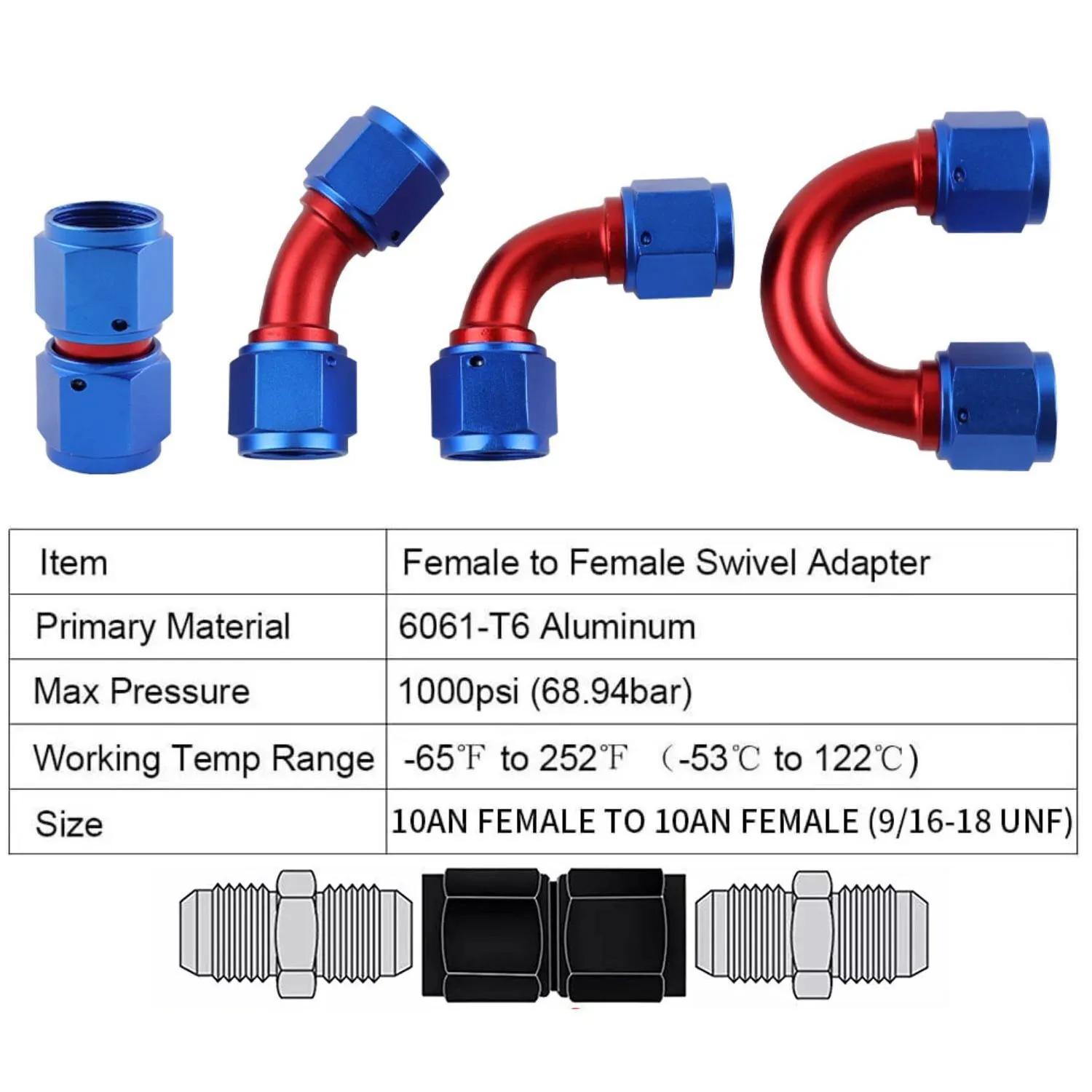 AN10 Oil Fuel Hose Line 0/45/90/180 degree Female Swivel Coupler Union Fitting