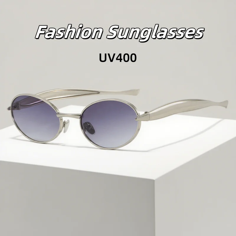 

New Elliptical Small Frame Sunglasses Fashionable Metal Temple High-end Anti UV Glasses Outdoor Driving Eye Protection