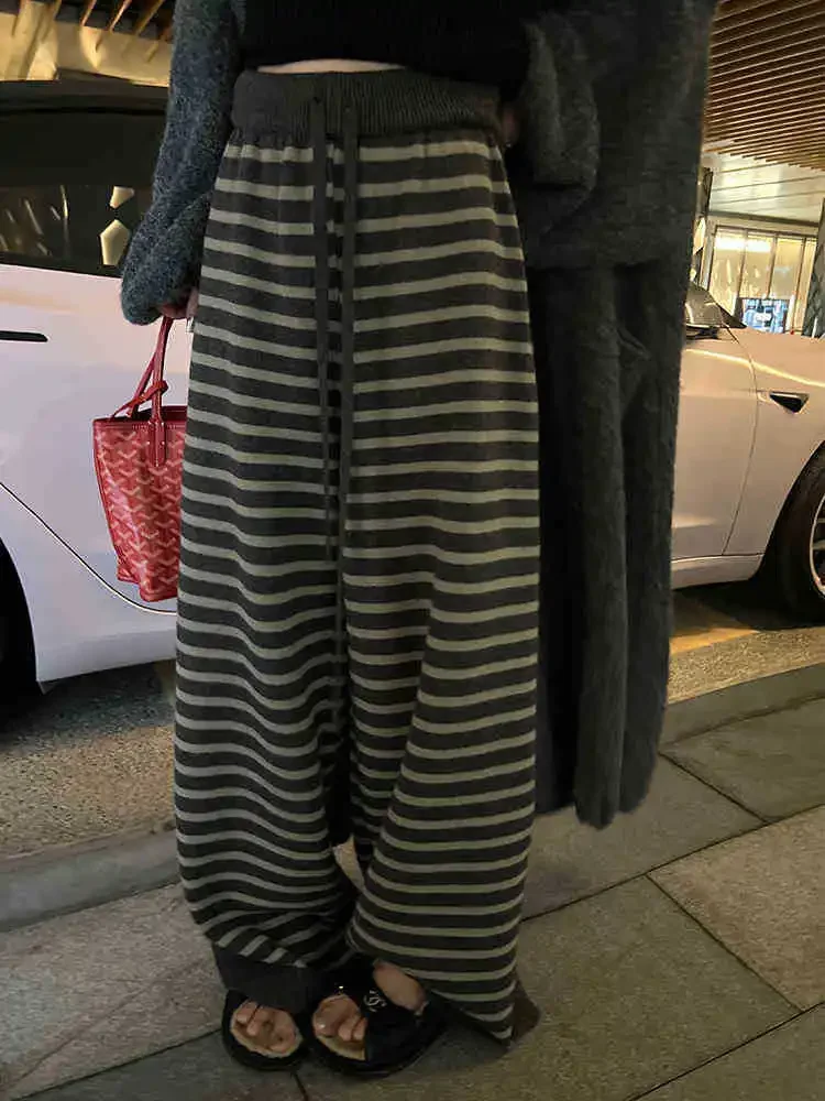 Women Wool Knitted Casual Stripe Loose Wide Leg Pants Autumn Spring Comfortable Warm Black White Pattern Y2k Pants Streetwear