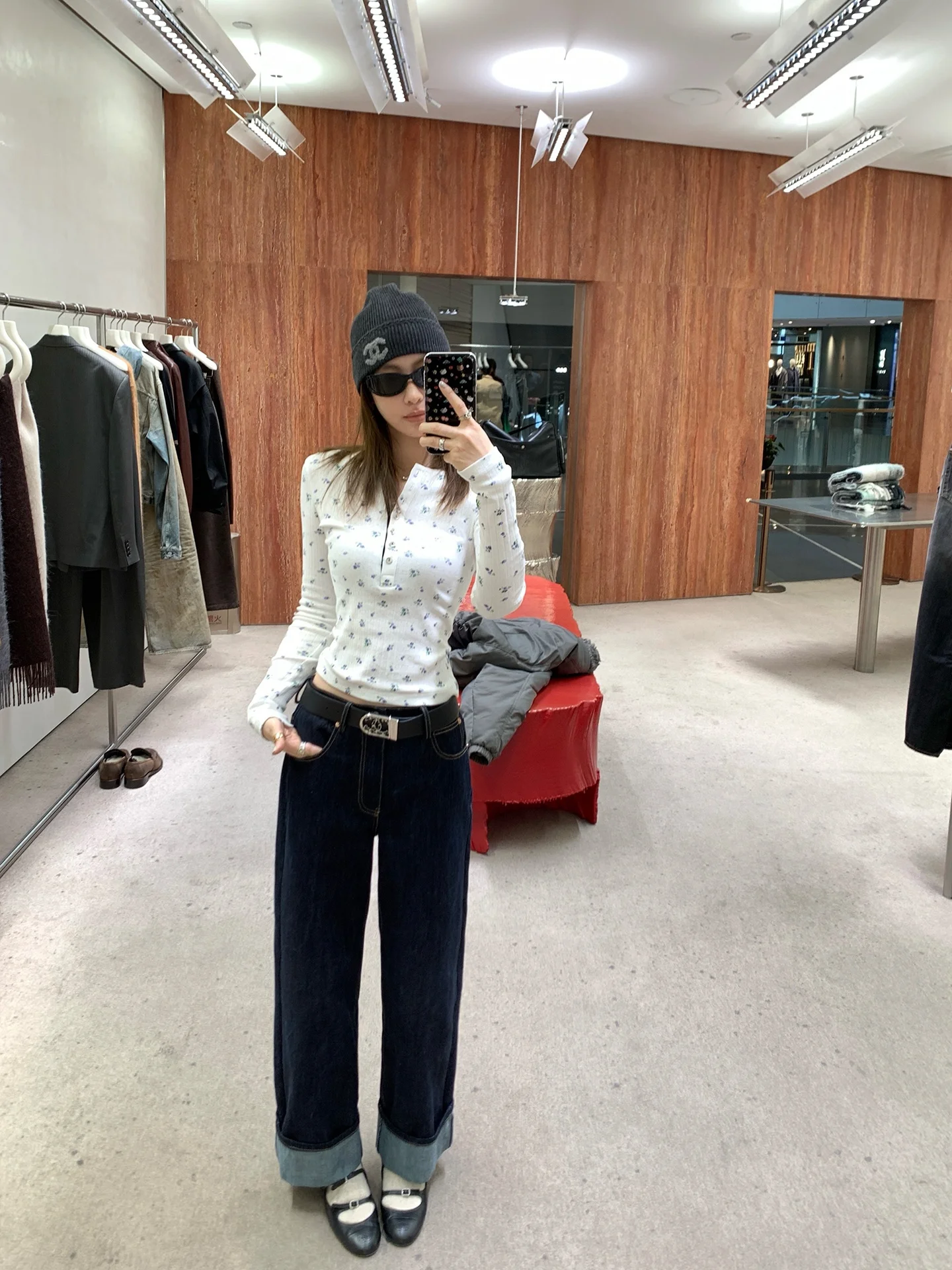 

Deep Blue Cotton Straight Leg Women's Jeans Flip Bootcut Pants Korean Sle l Waist Zipper ket Slimming Effect