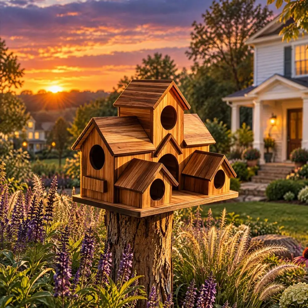 Safe Nesting Box for Birds Wooden Birdhouse for Backyard Wooden Multi-hole Bird House for Outdoors Rustic Solid Wood Birdhouse