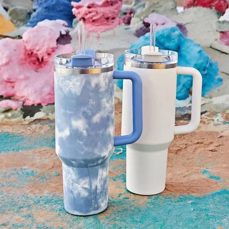 Stainless Steel Tie Dye Thermal Water Bottle Coffee Straw Cup 40 Oz Tumbler with Handle Drinkware Travel Car Mug Thermos Bottle