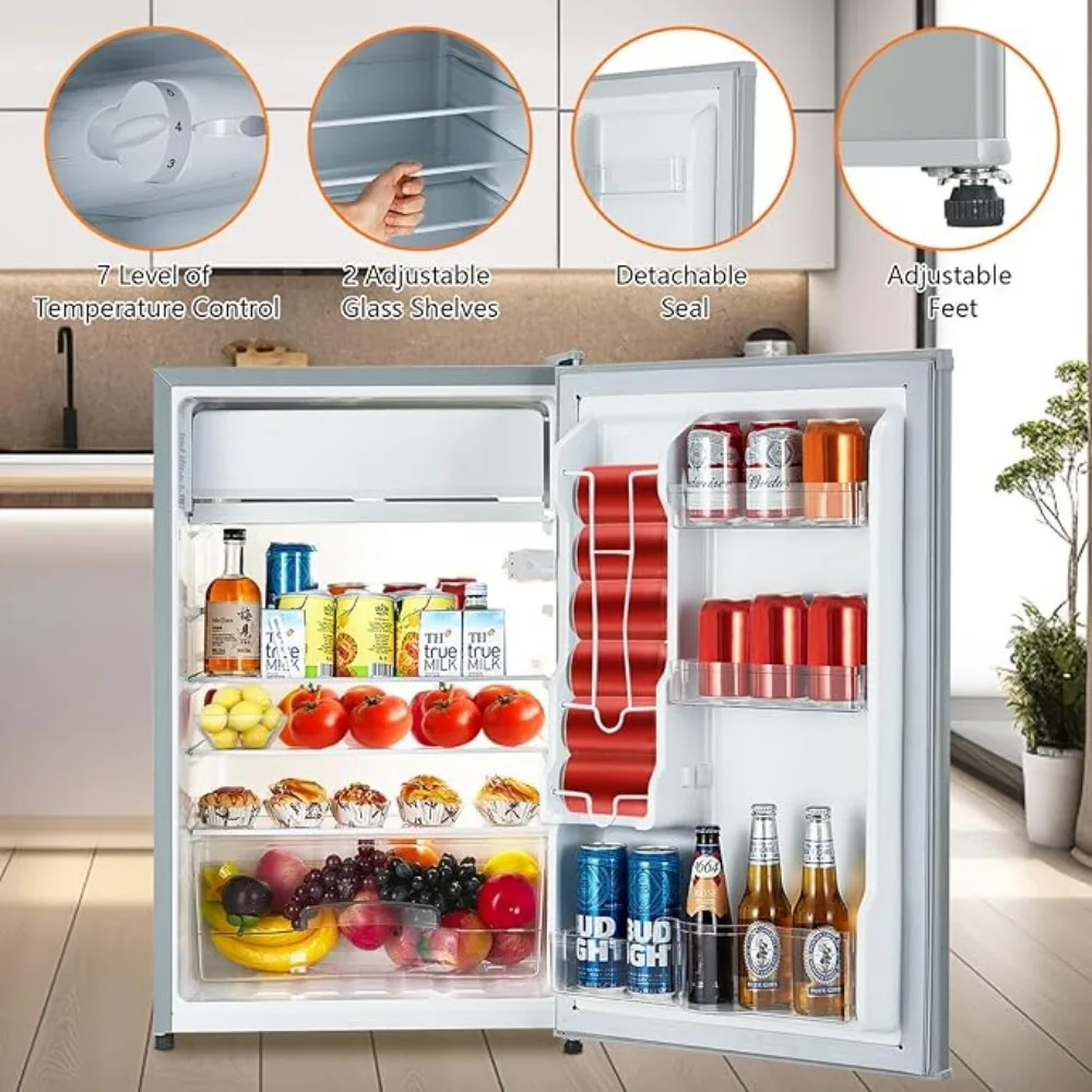 4.3 Cu.Ft Mini Fridge with Freezer, Single Door, 7 Settings Adjust Thermostat, Low Noise Energy-Efficient, Compact Refrigerator