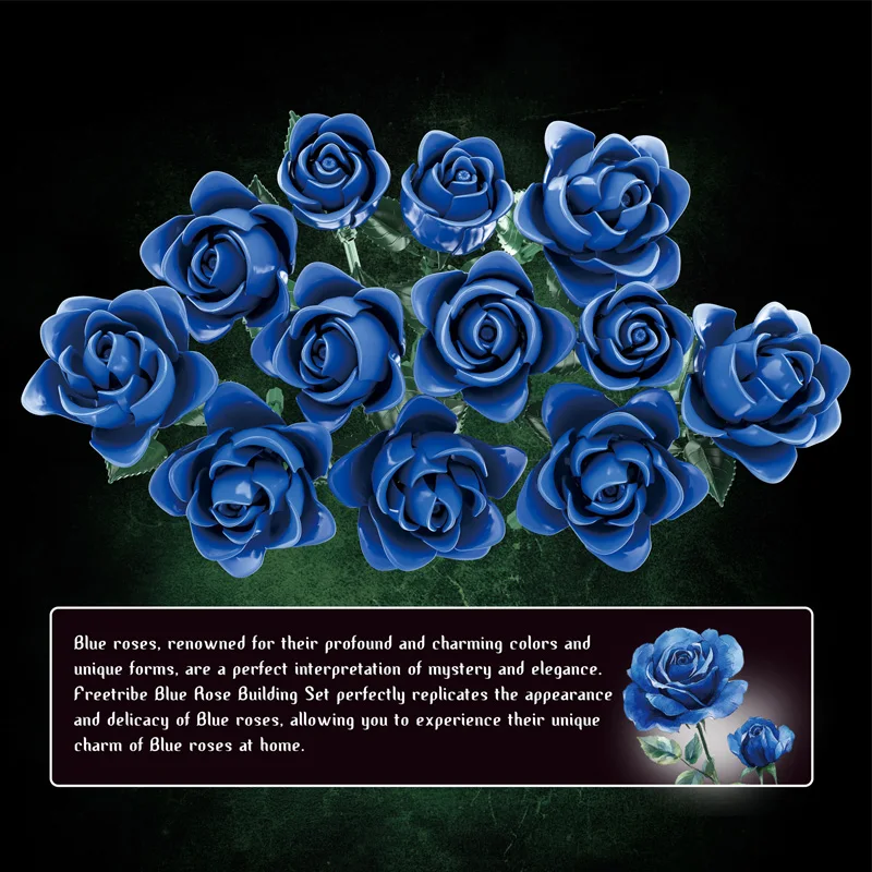 Simulation 585pcs Blue/Pink/Yellow Rose Bouquet Model Building Blocks Black Flower Set Girl Gifts Assembled Ornament Bricks Toys