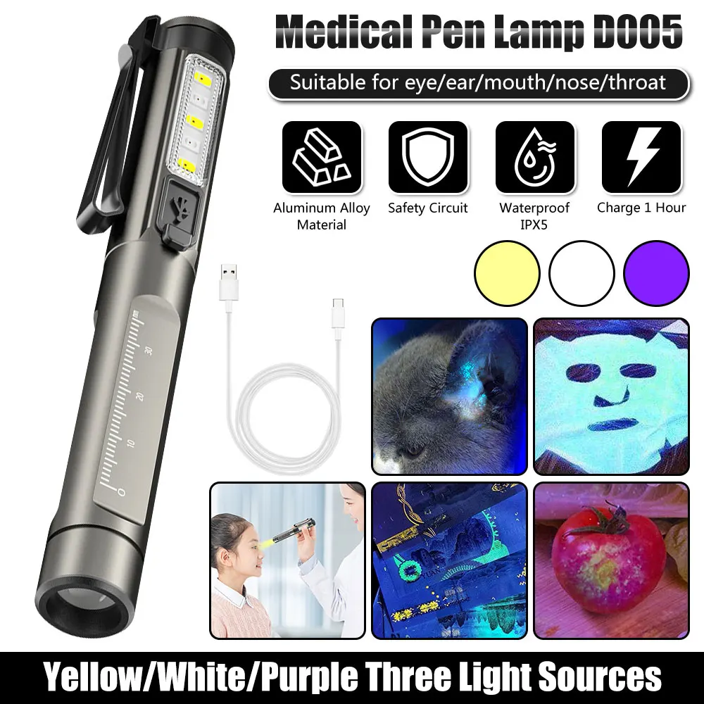 usb amarelo medical pen light luz uv inspecao de primeiros socorros tocha de emergencia olho ouvido nariz garganta medico enfermeira pen lamp luz uv 01