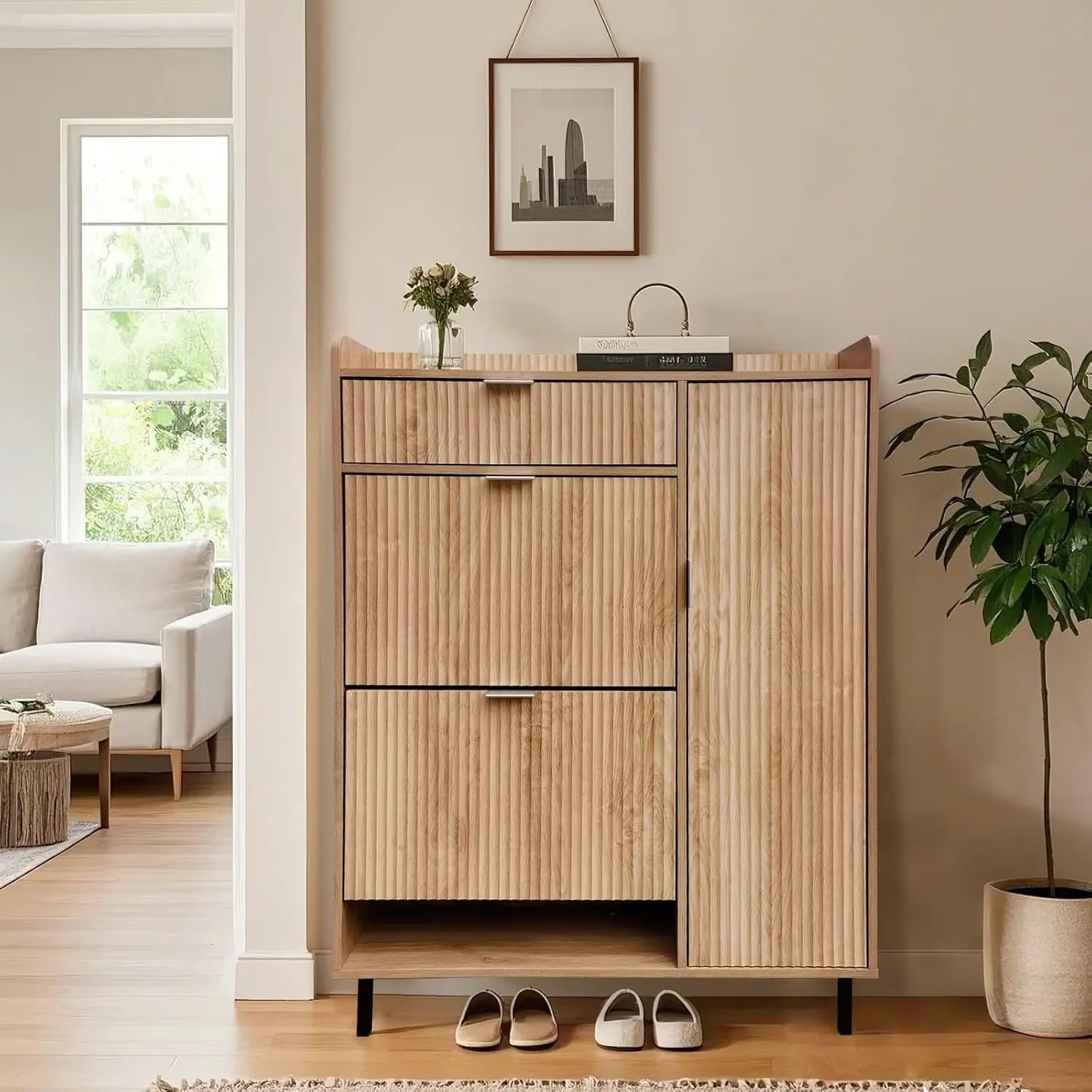 Lemari Penyimpanan Sepatu Pengatur Sepatu dengan 2 Laci Lipat Kabinet Rak Sepatu Sempit Berdiri Bebas untuk Pintu Masuk Lorong Ruang Tamu