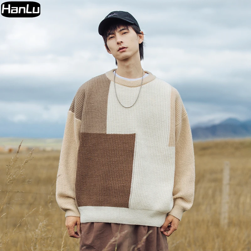 Men\'s Autumn and Winter New Thick Needle Sweater Knitted Men\'s Color Block Splicing Design Round Neck Knitted Pullover