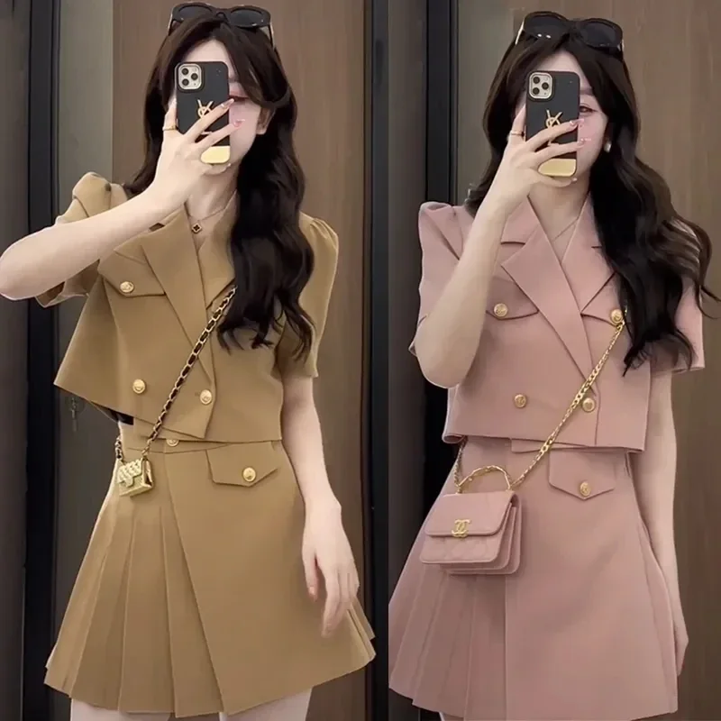 2024 Summer New Two Piece Set Female Advanced Design Short Sleeve Blazer Coat+Waist Fold Short Skirt Women\'s Trend LU114