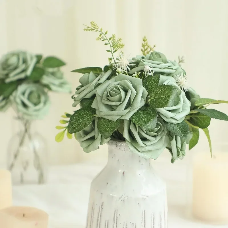 Artificial Flowers 25pcs Real Looking Forest Green Ombre Colors Foam Fake Roses with Stems for DIY Wedding Bouquets Bridal Showe