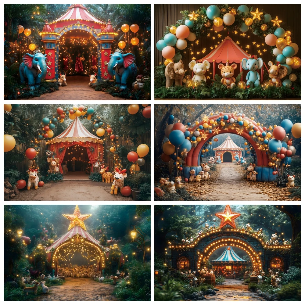 Telón de fondo de fotografía con tema de circo para niño y niña, globo de fiesta de cumpleaños, carpa de bosque de animales, Fondo de pastel para niño, utilería de estudio fotográfico