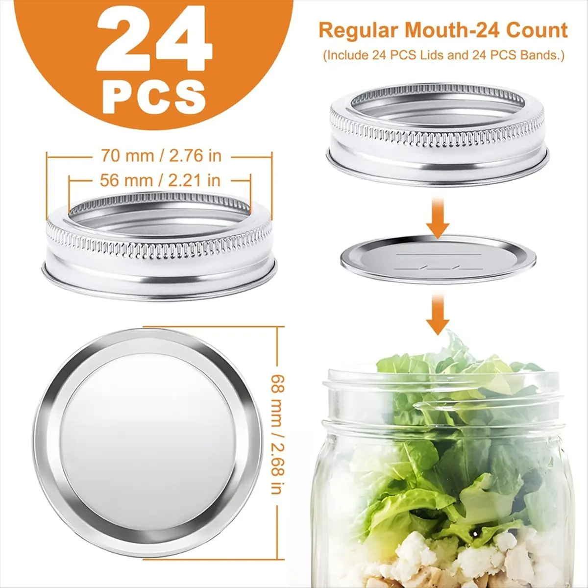 N14R Top 48 PCS Regular Mouth MasonJar Lids and Rings, Reusable Leakproof Canning Lids with Silicone Seals for Easy Replacement