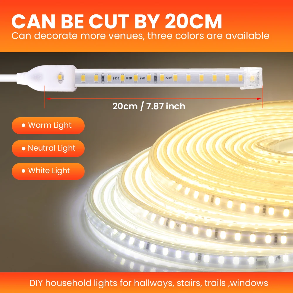 20cm Cuttable LED Strip Light 220V 2835SMD 120Leds/m Hight Quality Flexible LED Tape Waterproof Outdoor LED Ribbon Home Decor