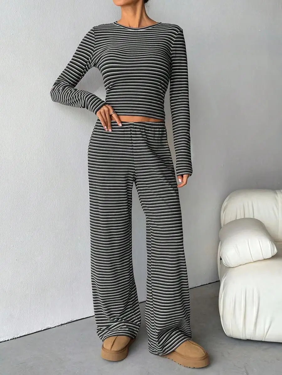 Striped Casual Two Piece Set Women Long Sleeve Crop Top And Loose Wide Leg Pants
