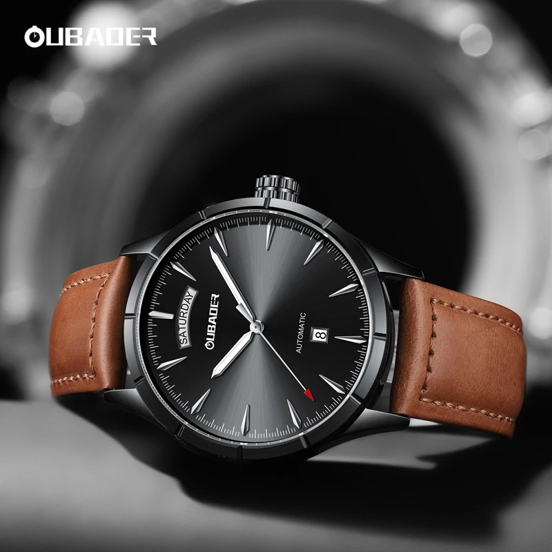 OUBAOER Military Automatic Men's Watches Leather Day Date Mechanical Dress Wristwatch Waterproof Clock for Men Army Montre Homme