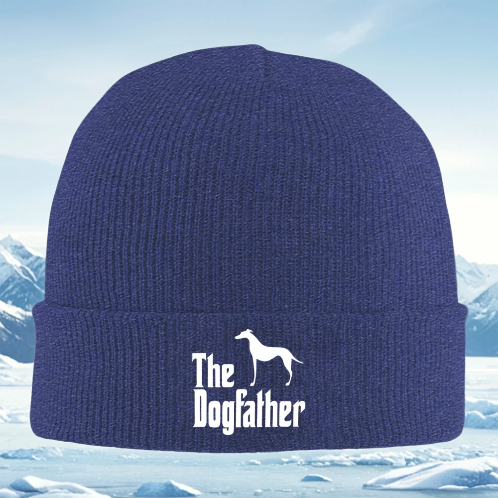 صورة ظلية للكلاب، كلمات "The Dogfather" للرجال والنساء للجنسين قبعة محبوكة قبعة صوفية شتوية حرارية دافئة لعيد الميلاد في الهواء الطلق