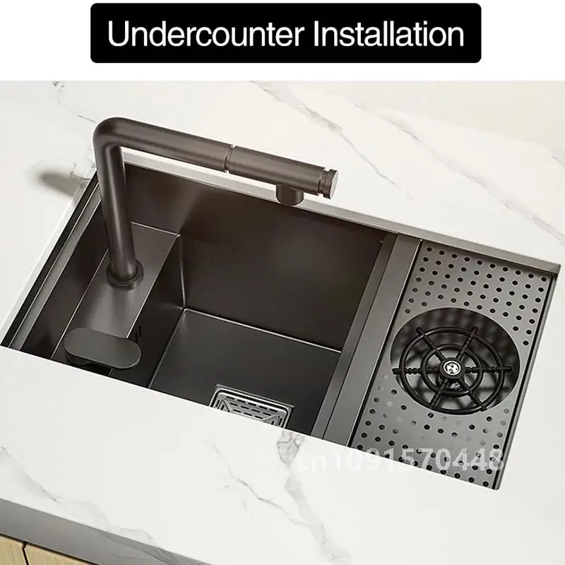 ASRAS Nano Black Small Size Kitchen Sink Cup Washer Hidden Bar Counter Cover Concealed Single Bowl Sinks With Lifting Faucet