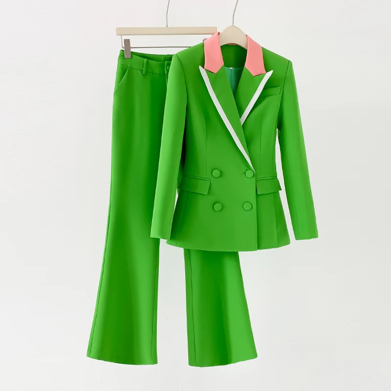 Imagem -02 - Roupas Femininas Grama Verde Calças Terno Fino Ajuste Calças Flare Mais Blazer Roupas Formais de Negócios Wear Blazer Jaqueta Terno Conjuntos de Duas Peças