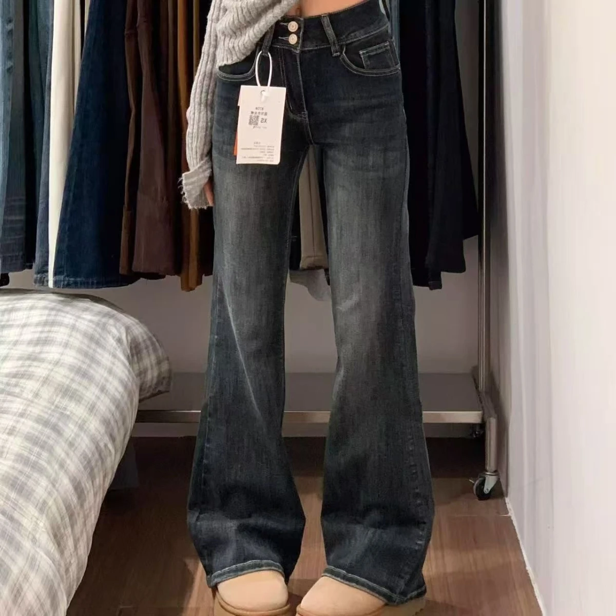 

Джинсы женские ретро с высокой талией, расклешенные, осенне-зимние, облегающие, из смесового хлопка и полиэстера, износостойкие, повседневные брюки