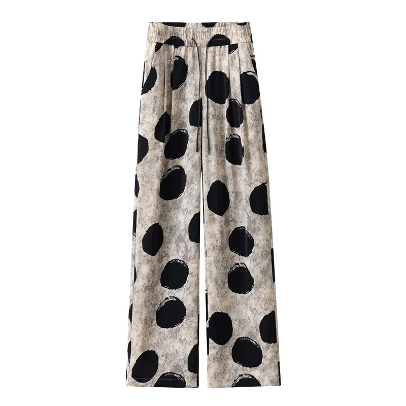 سراويل مريحة منقطة للنساء، سراويل صيفية رفيعة عالية الخصر وفضفاضة ثنيات صغيرة كاجوال مستقيمة الساق