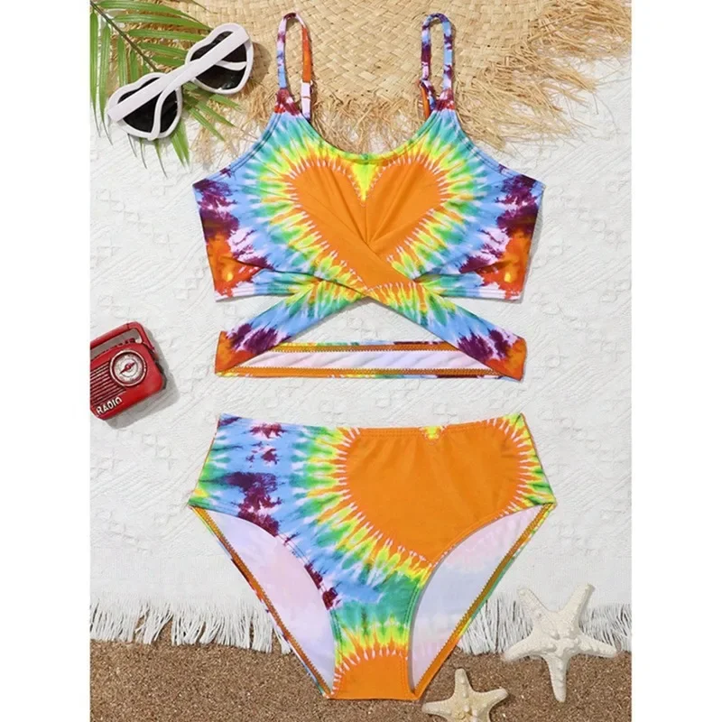 

Children Summer Swimsuit Printed Swimwear Pool Bathing Suit Beachwear 7-12 Years Kids Girls Hollow Out Bikini Set