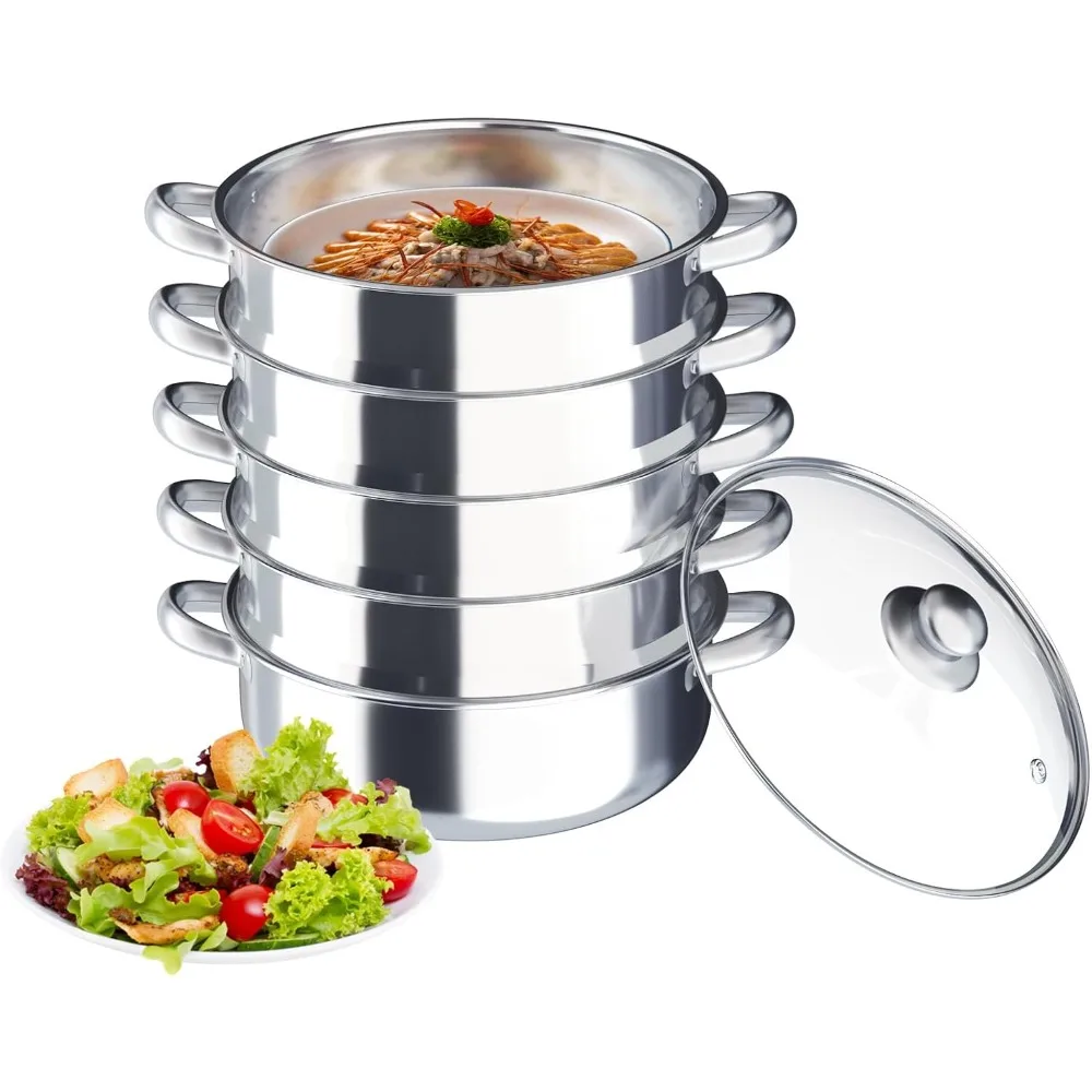 Stainless Steel Steamer Cookware Pot Vegetable Steamer with Tempered Glass Lid Stackable Cooking Steam Pot Kitchen Cookware