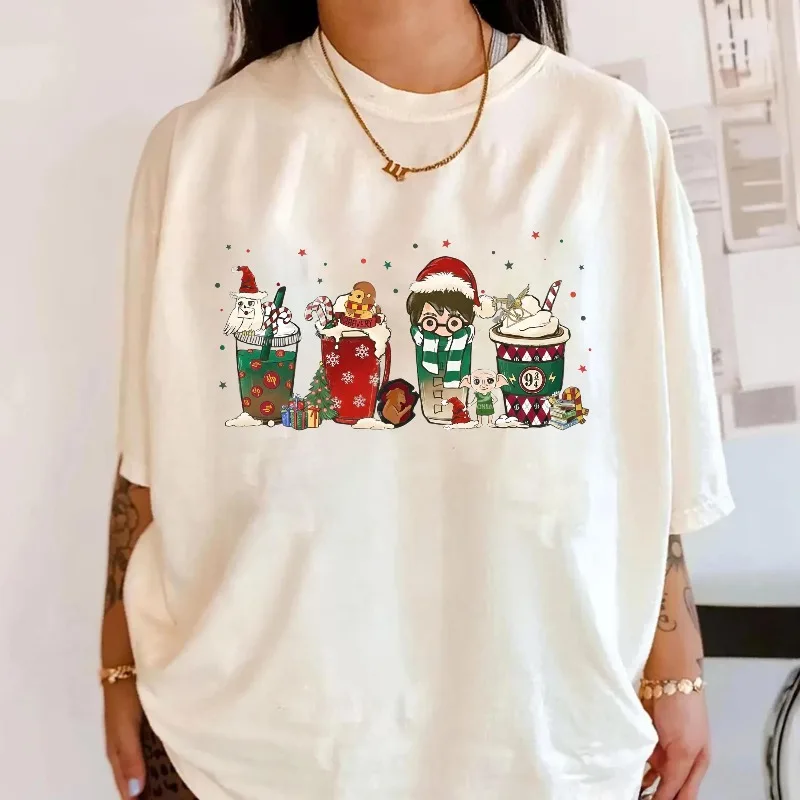 Camiseta de mago navideño Copa mágica navideña Camiseta de Harry Potter Camiseta informal de algodón puro para todas las estaciones Adecuado tanto para hombres como para mujeres