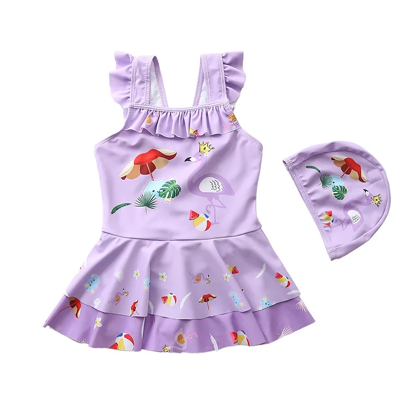 

HappyFlute Sling Design Mermaid Prints Dress Style One Piece With Swimming Hat Summer Sunscreen &Quick-Drying Girls Swimsuit