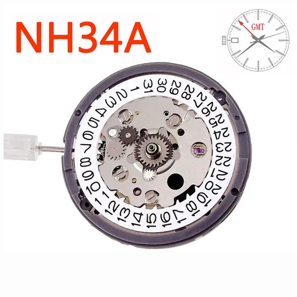 BLIGER Left Hand Replacement 24 jewels NH34A NH34 GMT Automatic Mechanical Movement High Accuracy 9 o\'clock Crown