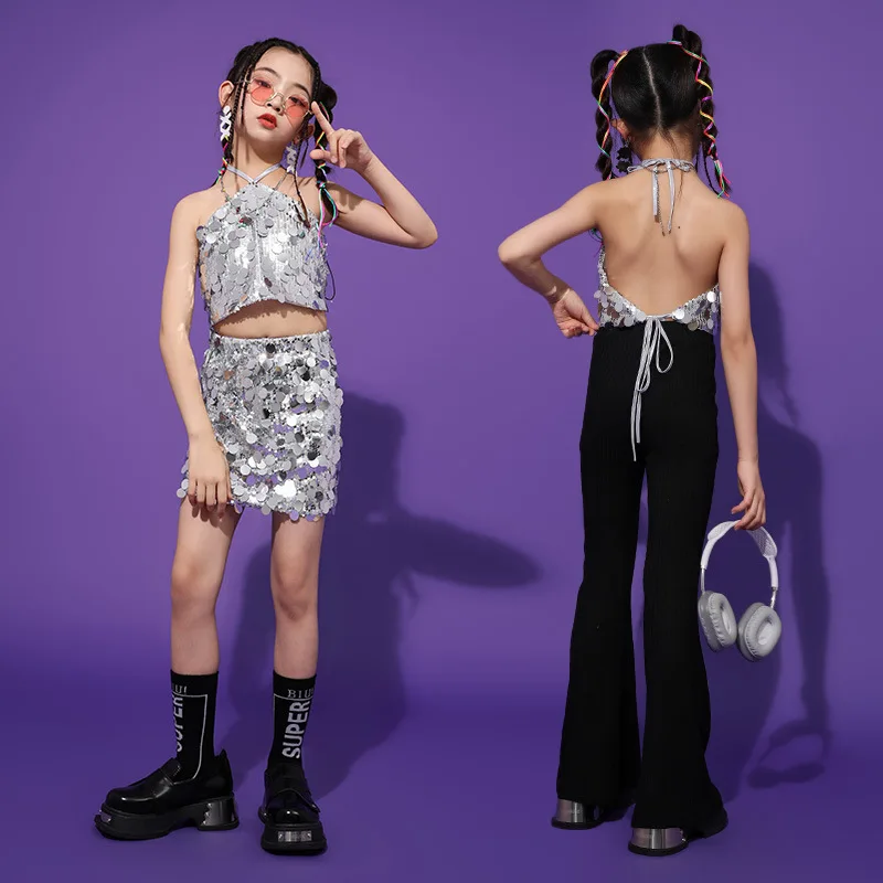 

Kids Jazz Sequins Silver Shorts Model Catwalk Clothes Sets Girls Hip Hop Crop Top Sleeves Outfits Street Dance Stage Costume
